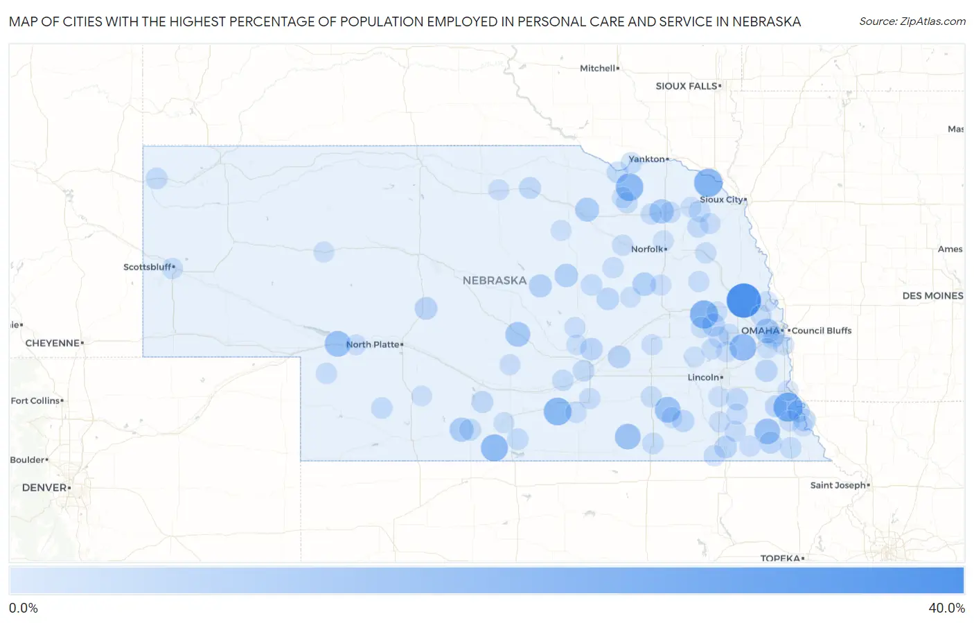 Cities with the Highest Percentage of Population Employed in Personal Care and Service in Nebraska Map