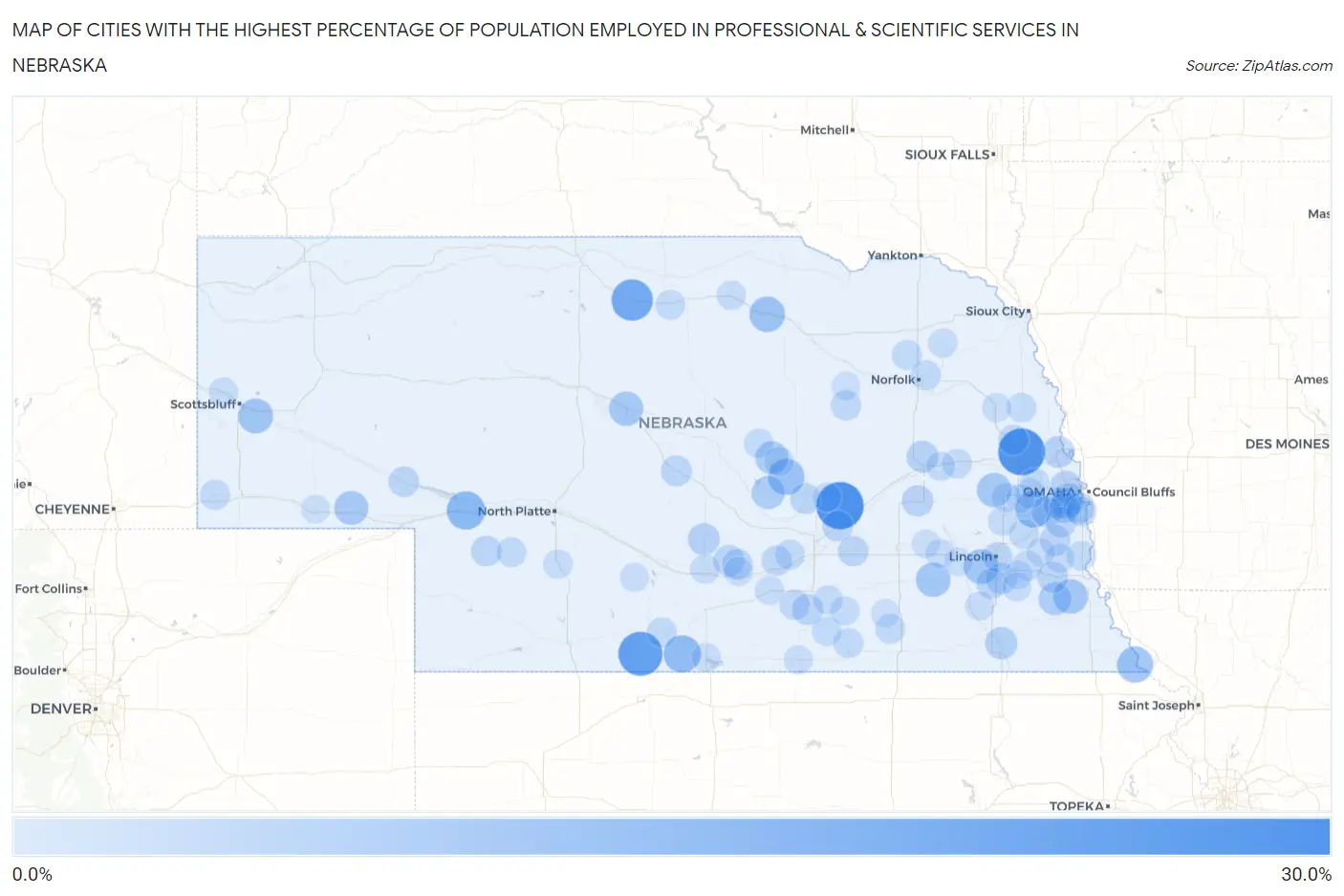 Cities with the Highest Percentage of Population Employed in Professional & Scientific Services in Nebraska Map