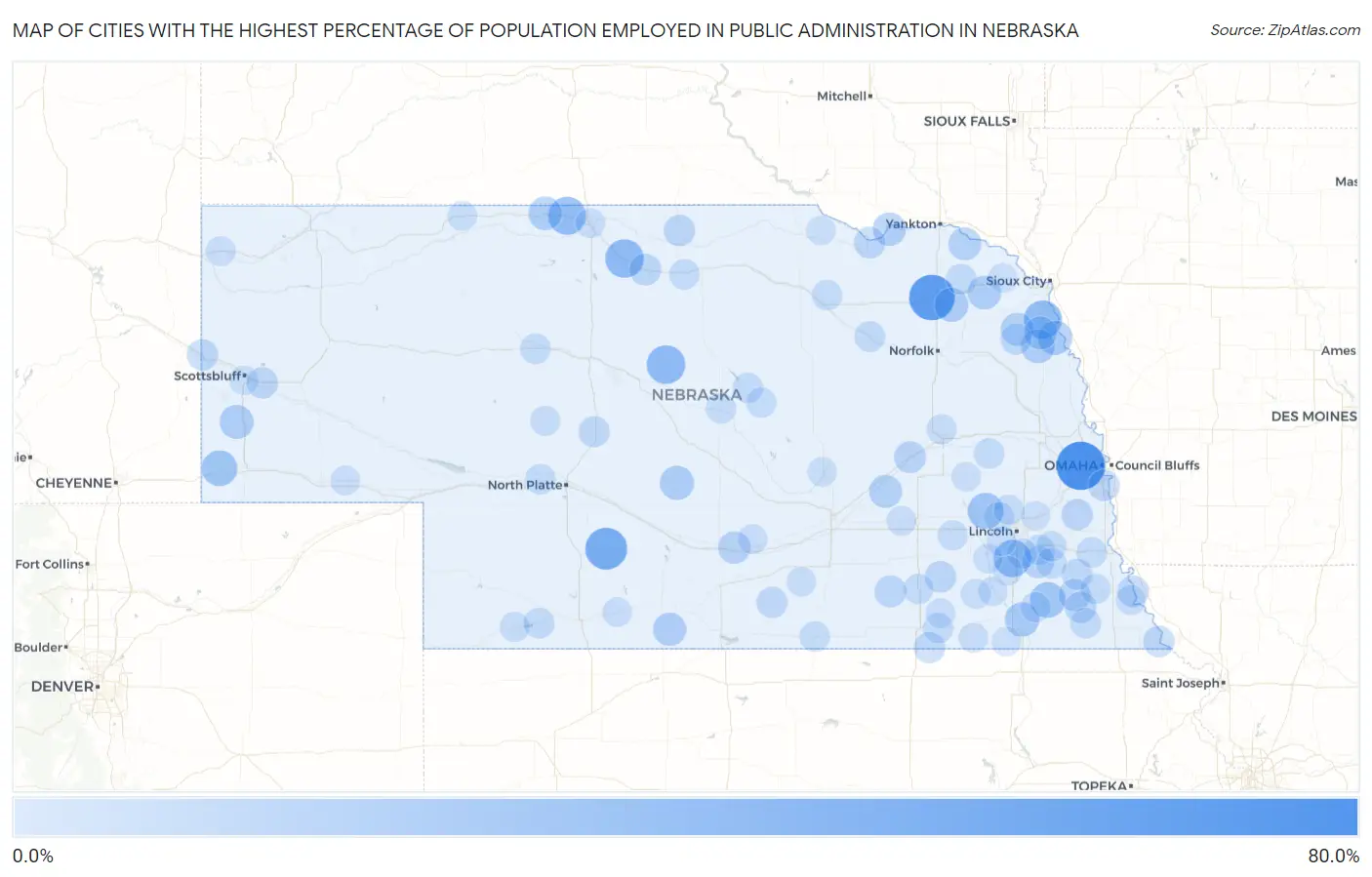 Cities with the Highest Percentage of Population Employed in Public Administration in Nebraska Map