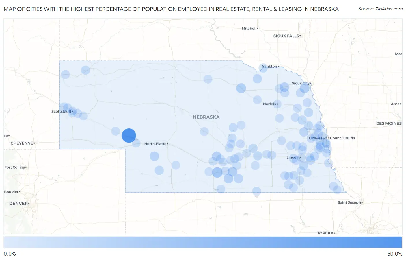 Cities with the Highest Percentage of Population Employed in Real Estate, Rental & Leasing in Nebraska Map