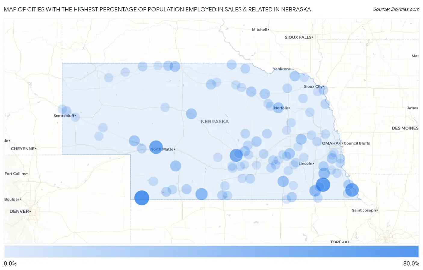 Cities with the Highest Percentage of Population Employed in Sales & Related in Nebraska Map