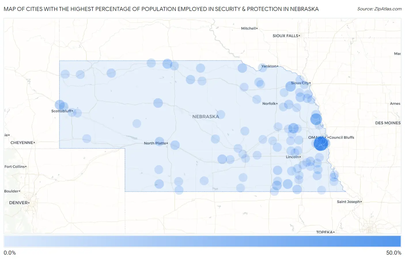 Cities with the Highest Percentage of Population Employed in Security & Protection in Nebraska Map