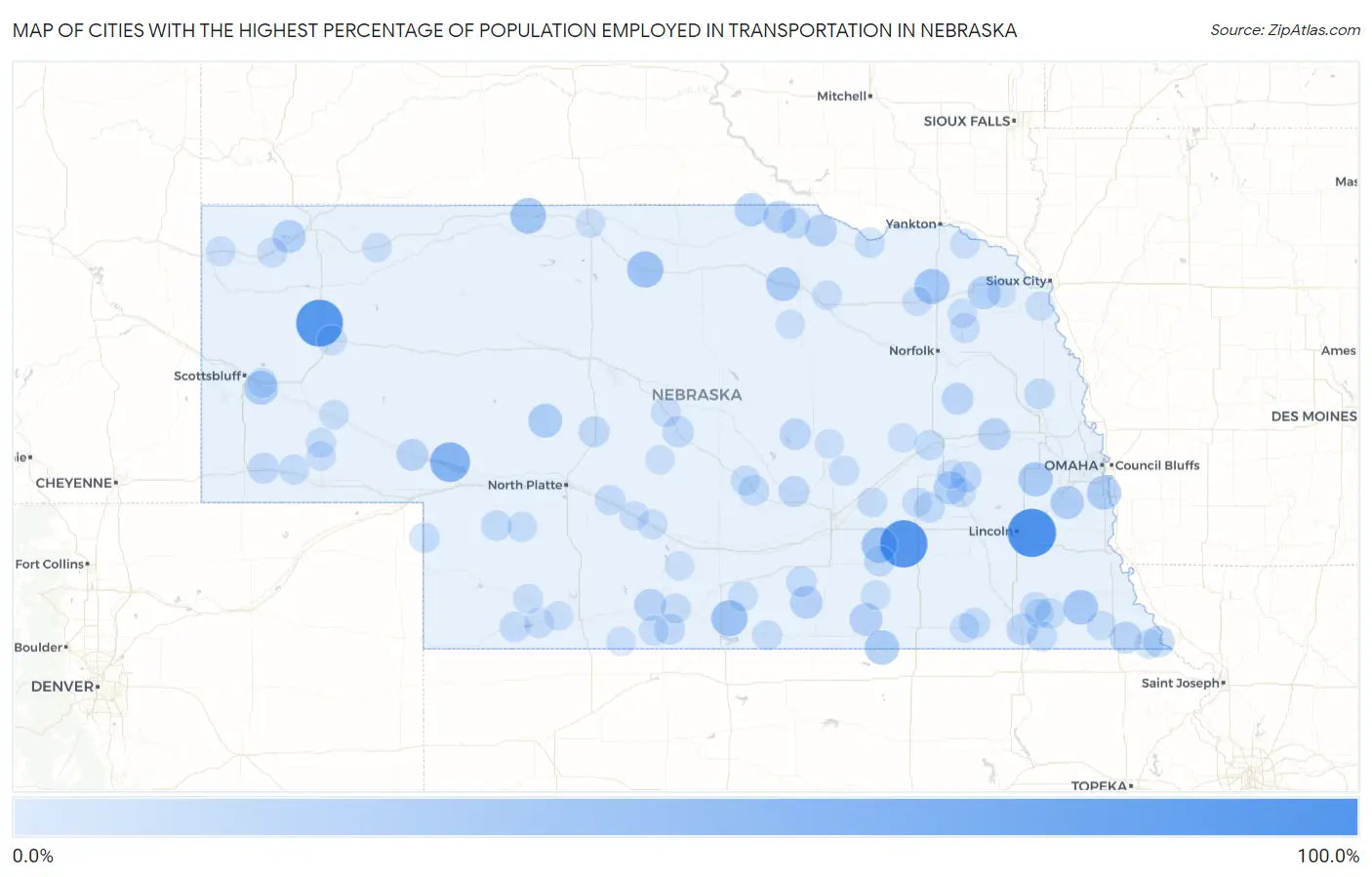 Cities with the Highest Percentage of Population Employed in Transportation in Nebraska Map