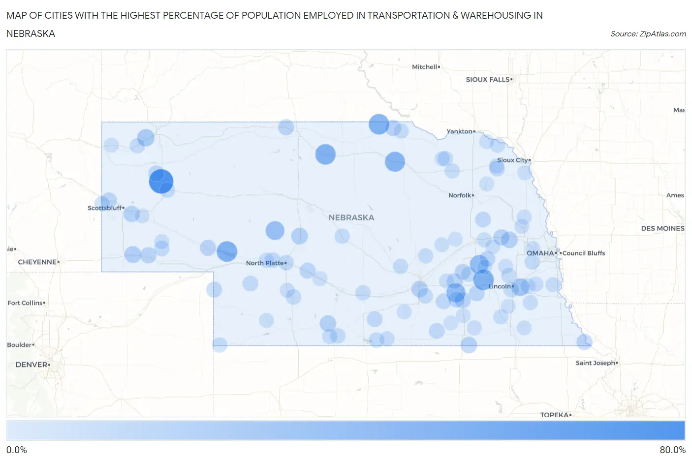 Cities with the Highest Percentage of Population Employed in Transportation & Warehousing in Nebraska Map
