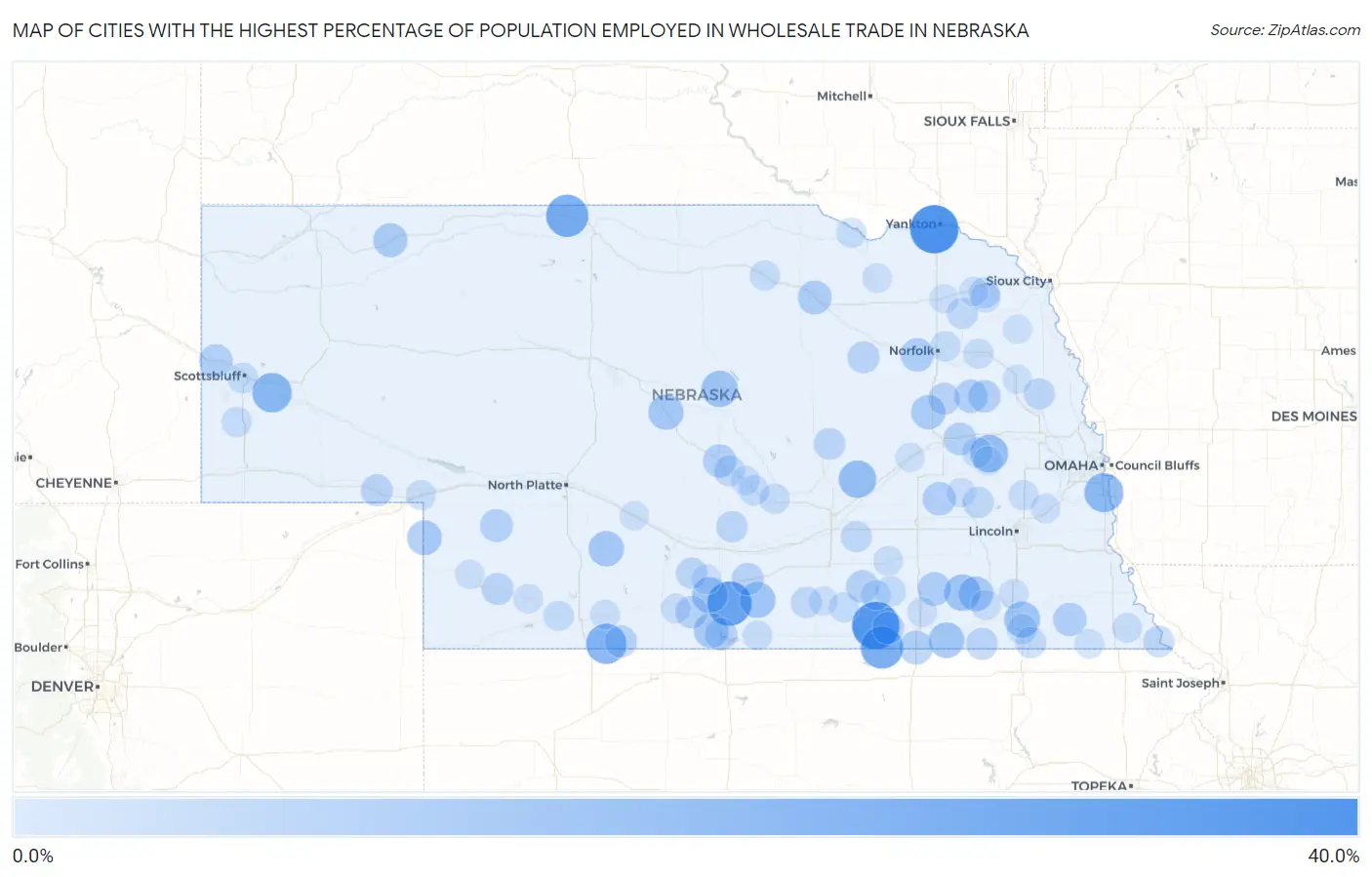 Cities with the Highest Percentage of Population Employed in Wholesale Trade in Nebraska Map