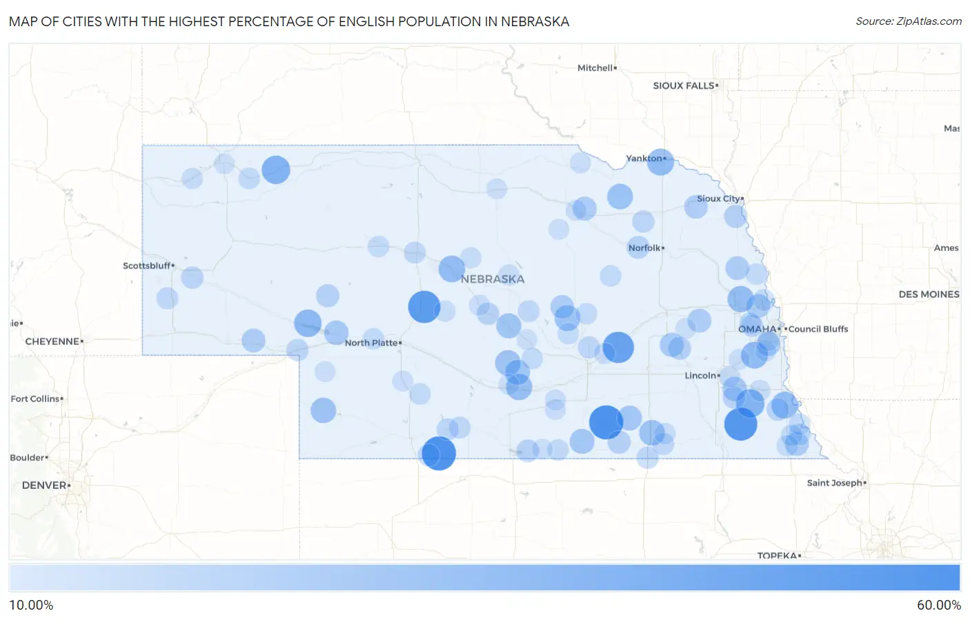 Cities with the Highest Percentage of English Population in Nebraska Map