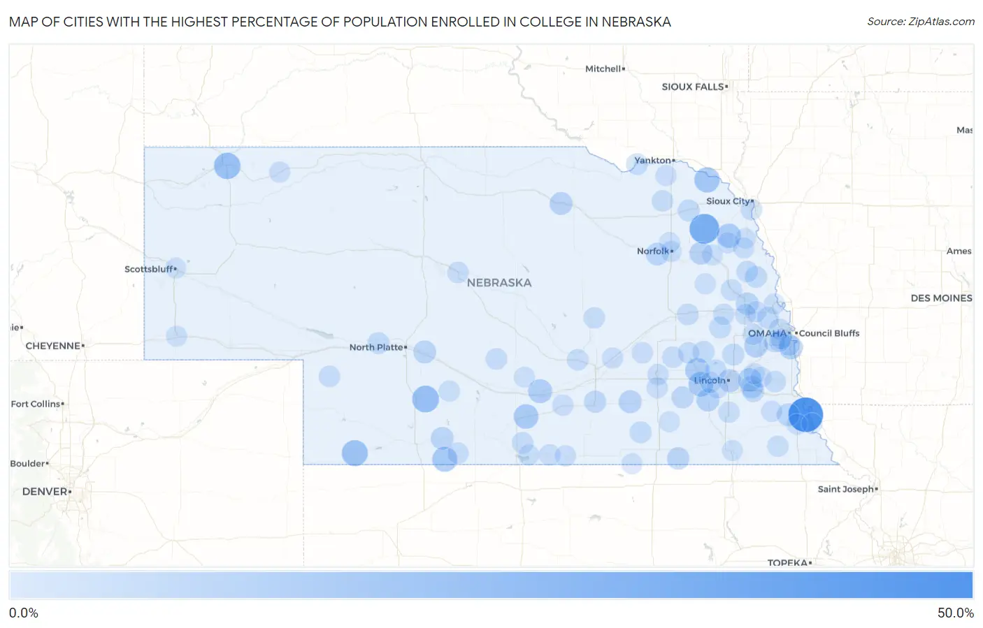 Cities with the Highest Percentage of Population Enrolled in College in Nebraska Map