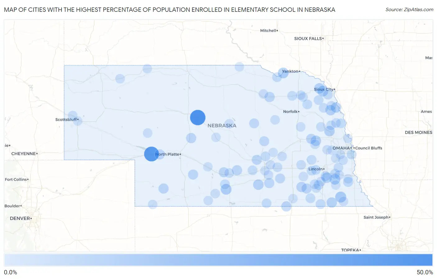 Cities with the Highest Percentage of Population Enrolled in Elementary School in Nebraska Map