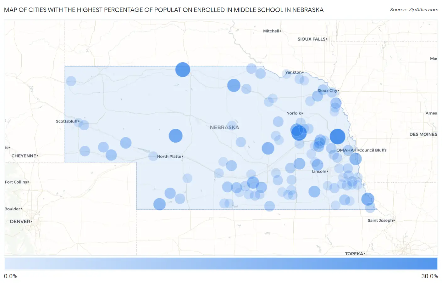 Cities with the Highest Percentage of Population Enrolled in Middle School in Nebraska Map