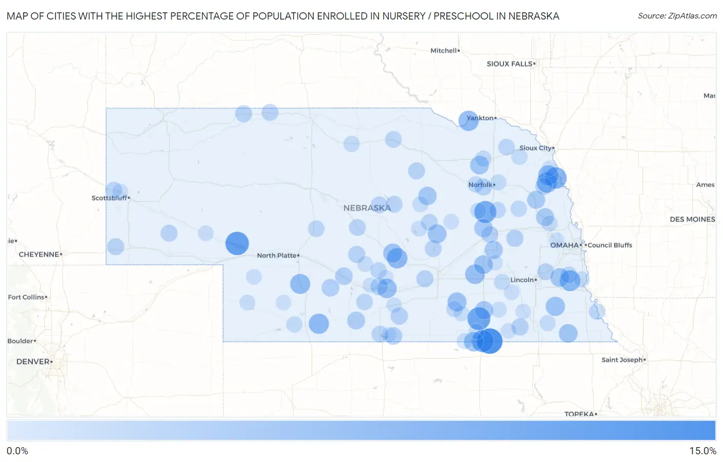 Cities with the Highest Percentage of Population Enrolled in Nursery / Preschool in Nebraska Map