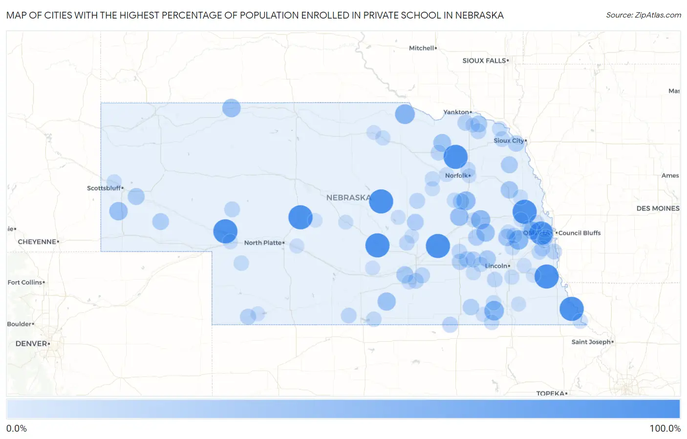 Cities with the Highest Percentage of Population Enrolled in Private School in Nebraska Map