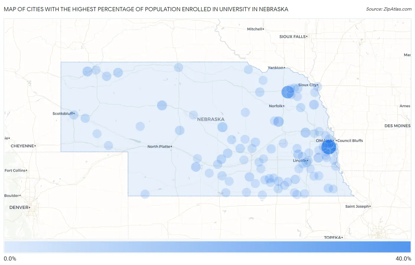 Cities with the Highest Percentage of Population Enrolled in University in Nebraska Map