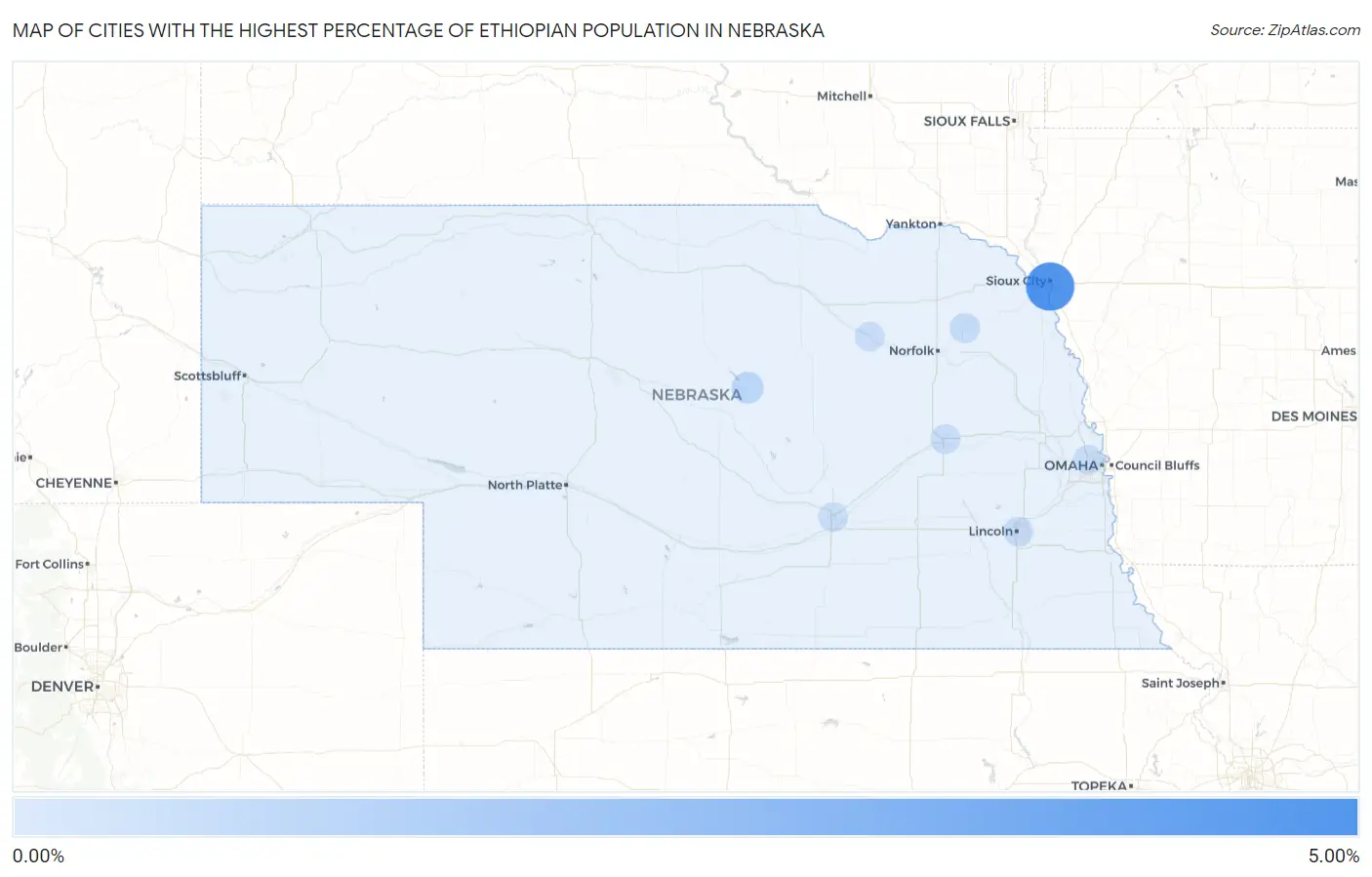 Cities with the Highest Percentage of Ethiopian Population in Nebraska Map