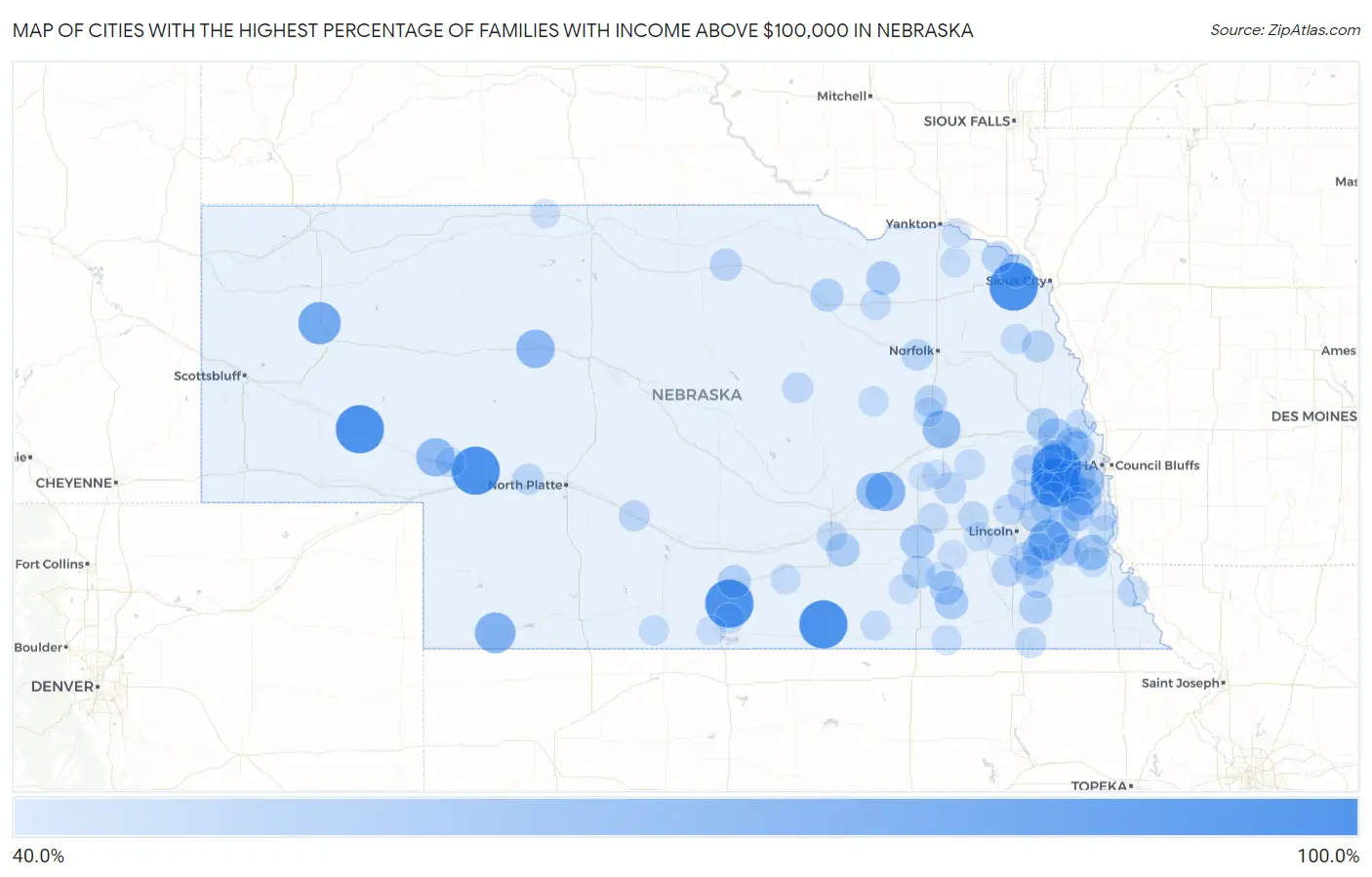 Cities with the Highest Percentage of Families with Income Above $100,000 in Nebraska Map