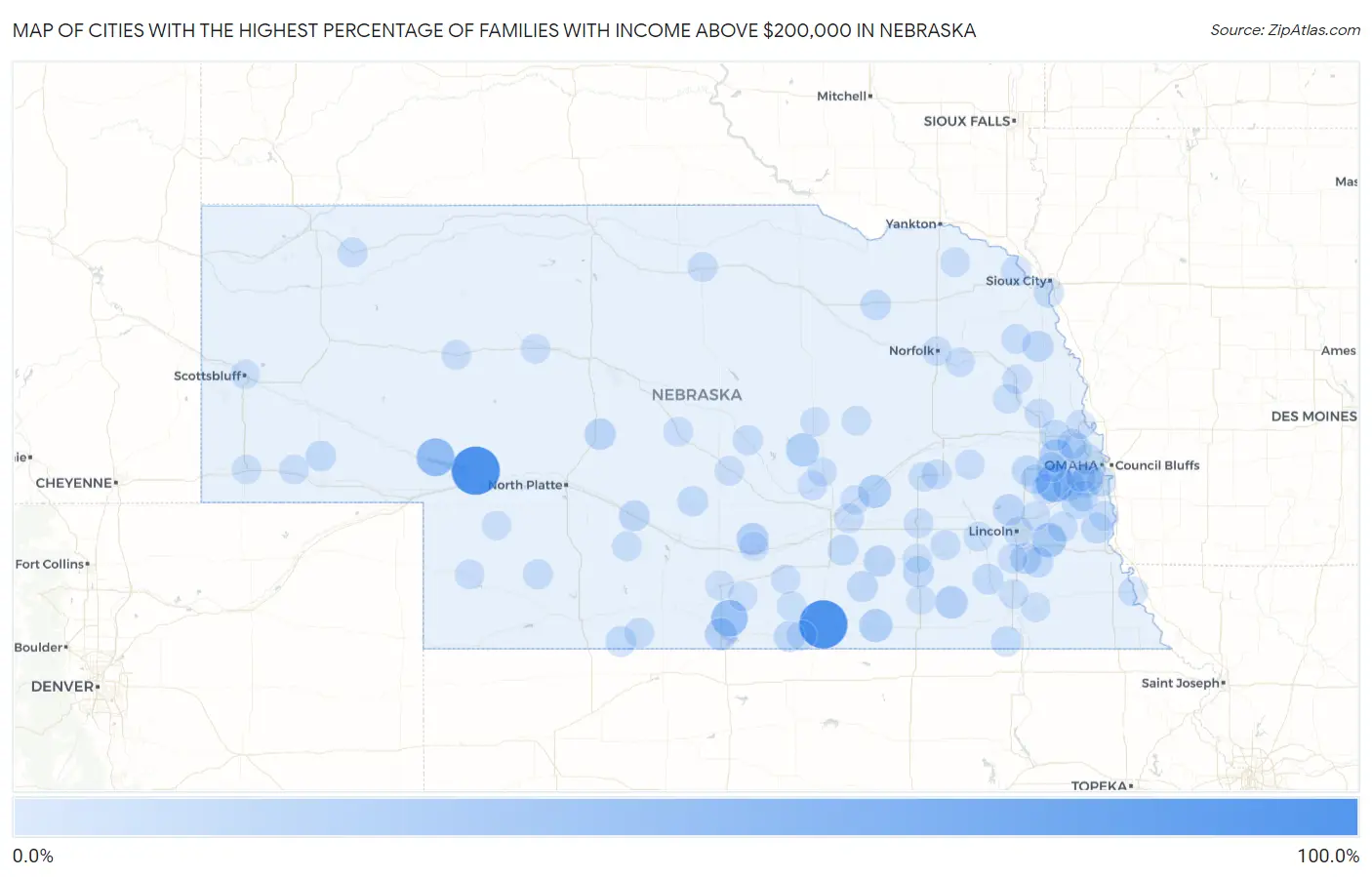Cities with the Highest Percentage of Families with Income Above $200,000 in Nebraska Map
