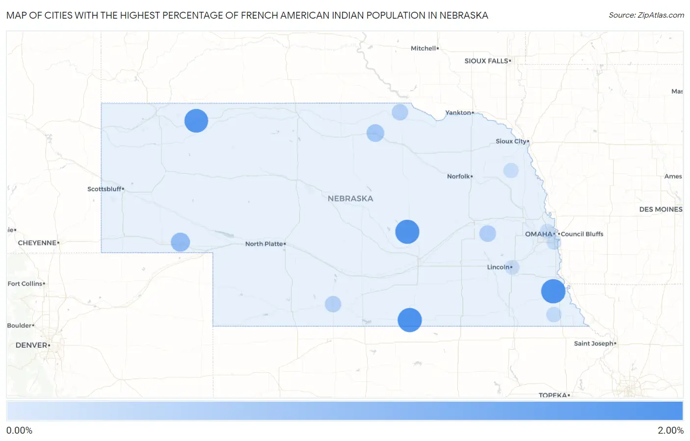 Cities with the Highest Percentage of French American Indian Population in Nebraska Map