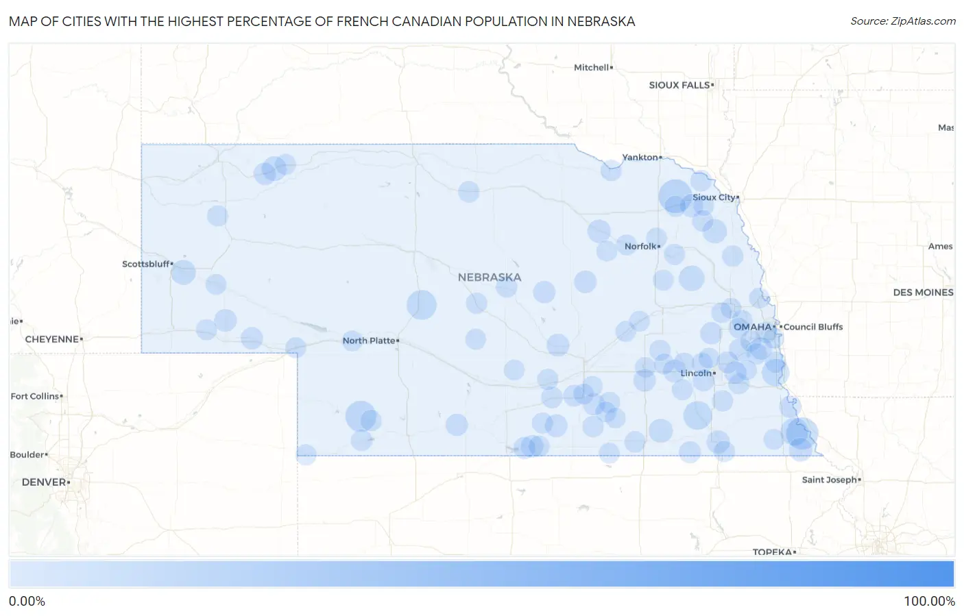 Cities with the Highest Percentage of French Canadian Population in Nebraska Map