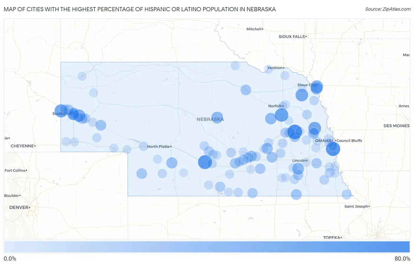 Cities with the Highest Percentage of Hispanic or Latino Population in Nebraska Map