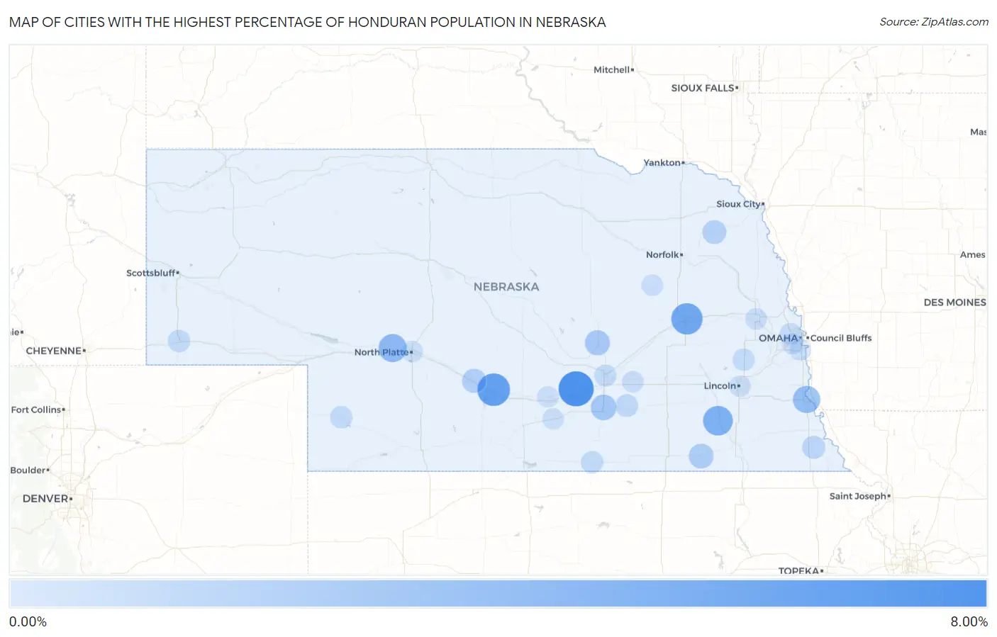 Cities with the Highest Percentage of Honduran Population in Nebraska Map