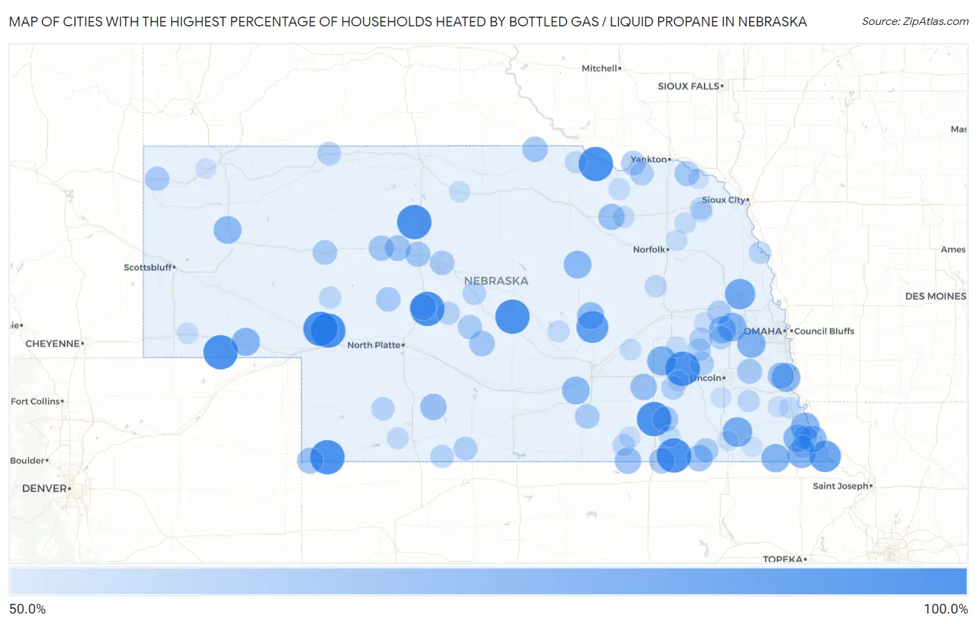 Cities with the Highest Percentage of Households Heated by Bottled Gas / Liquid Propane in Nebraska Map