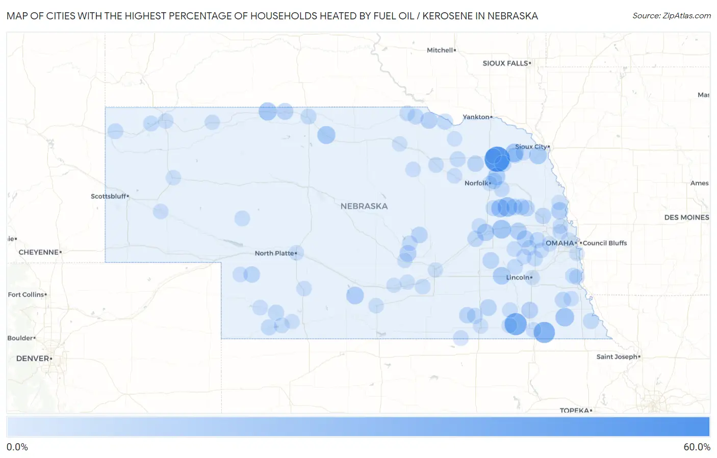 Cities with the Highest Percentage of Households Heated by Fuel Oil / Kerosene in Nebraska Map