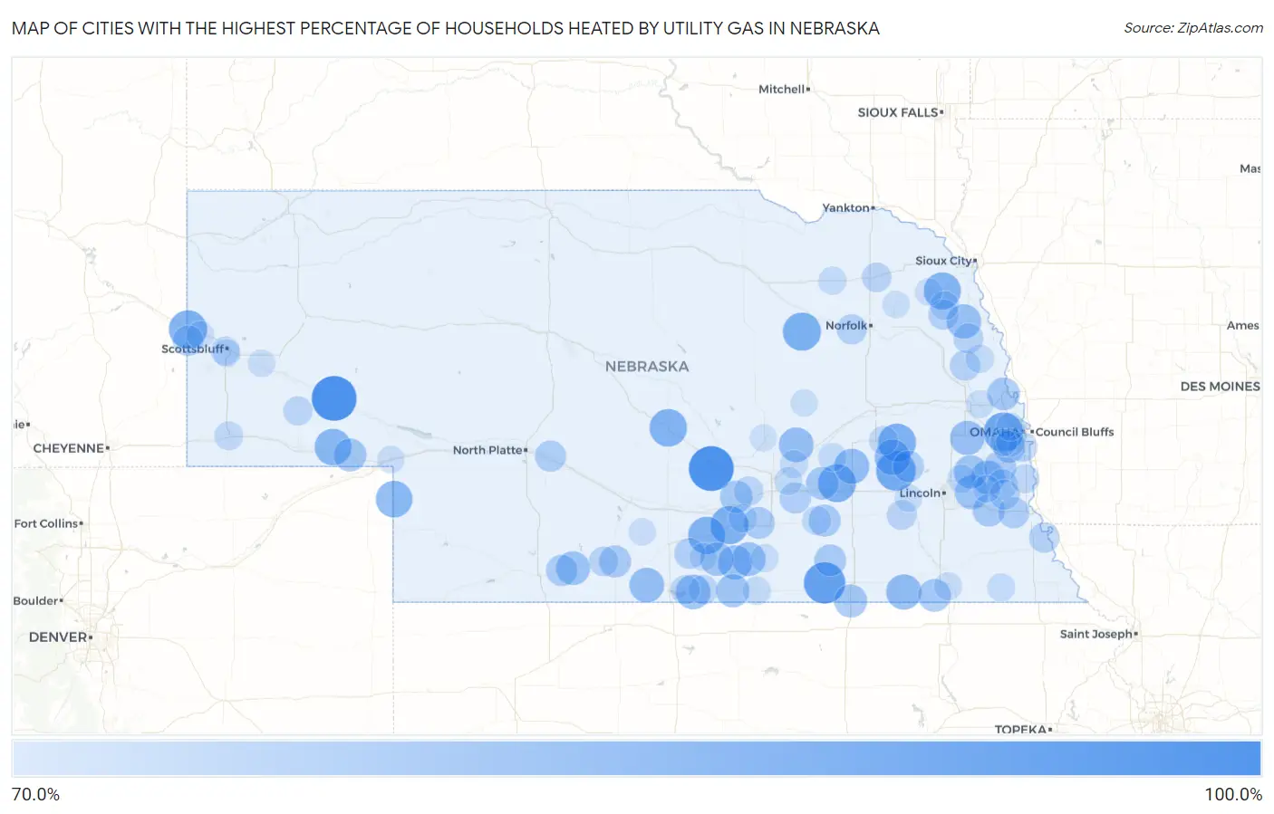 Cities with the Highest Percentage of Households Heated by Utility Gas in Nebraska Map