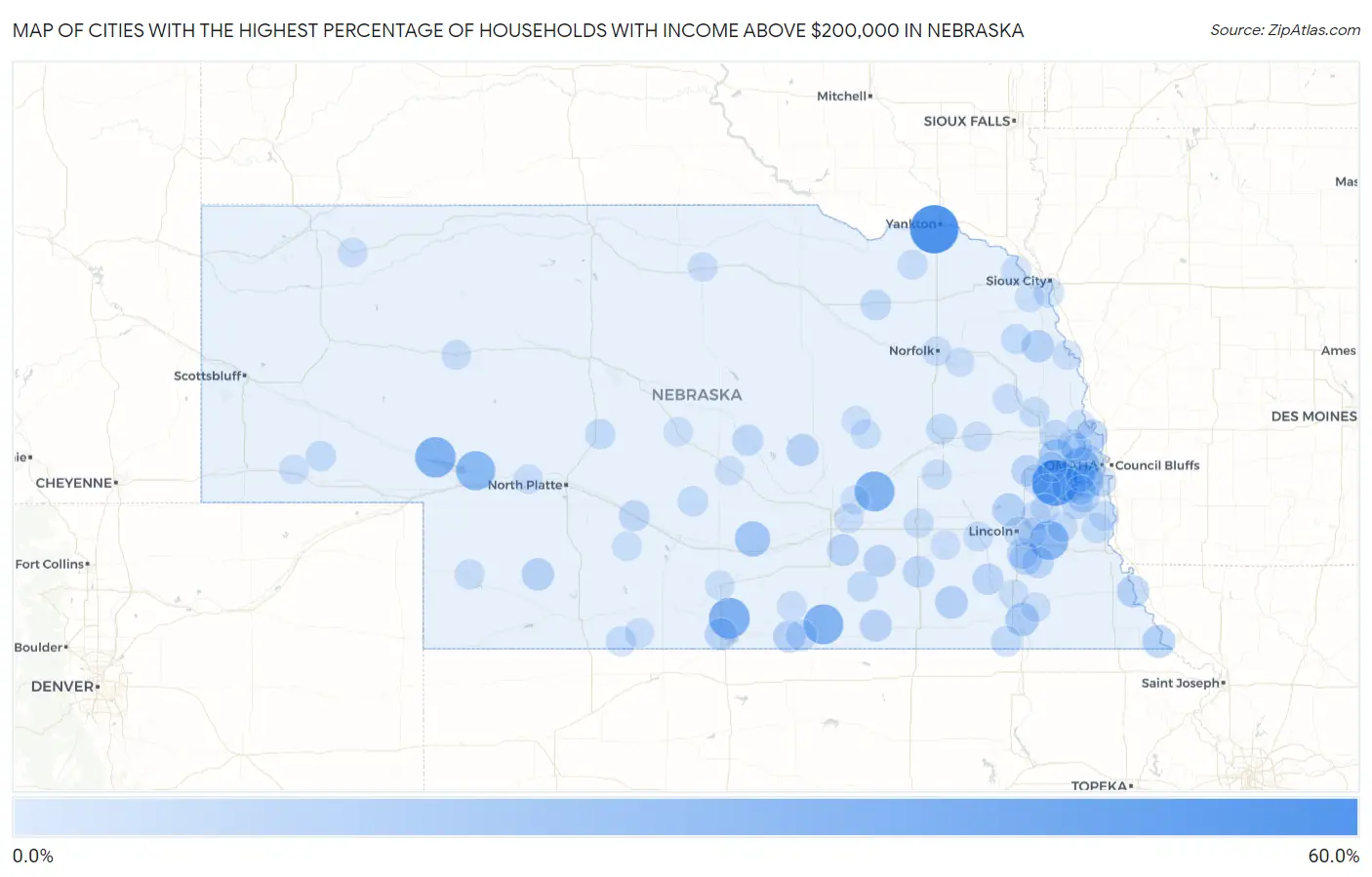 Cities with the Highest Percentage of Households with Income Above $200,000 in Nebraska Map