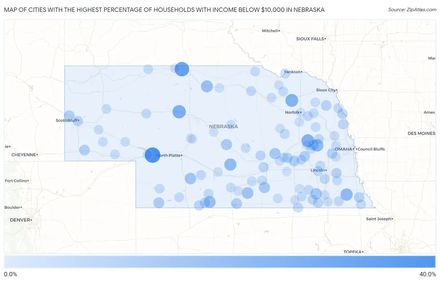 Cities with the Highest Percentage of Households with Income Below $10,000 in Nebraska Map