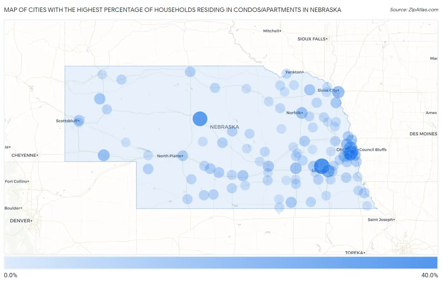 Cities with the Highest Percentage of Households Residing in Condos/Apartments in Nebraska Map