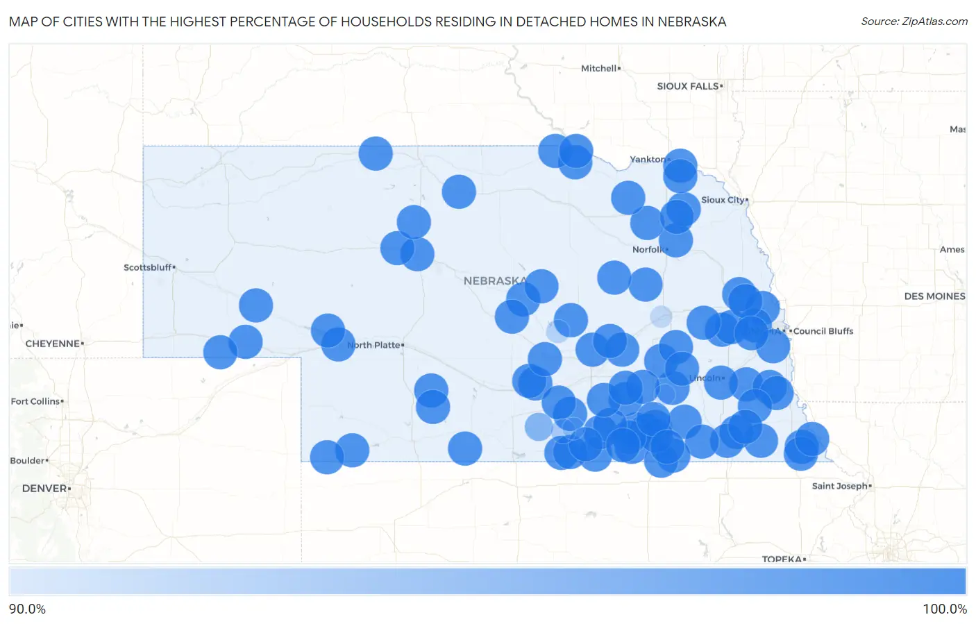 Cities with the Highest Percentage of Households Residing in Detached Homes in Nebraska Map