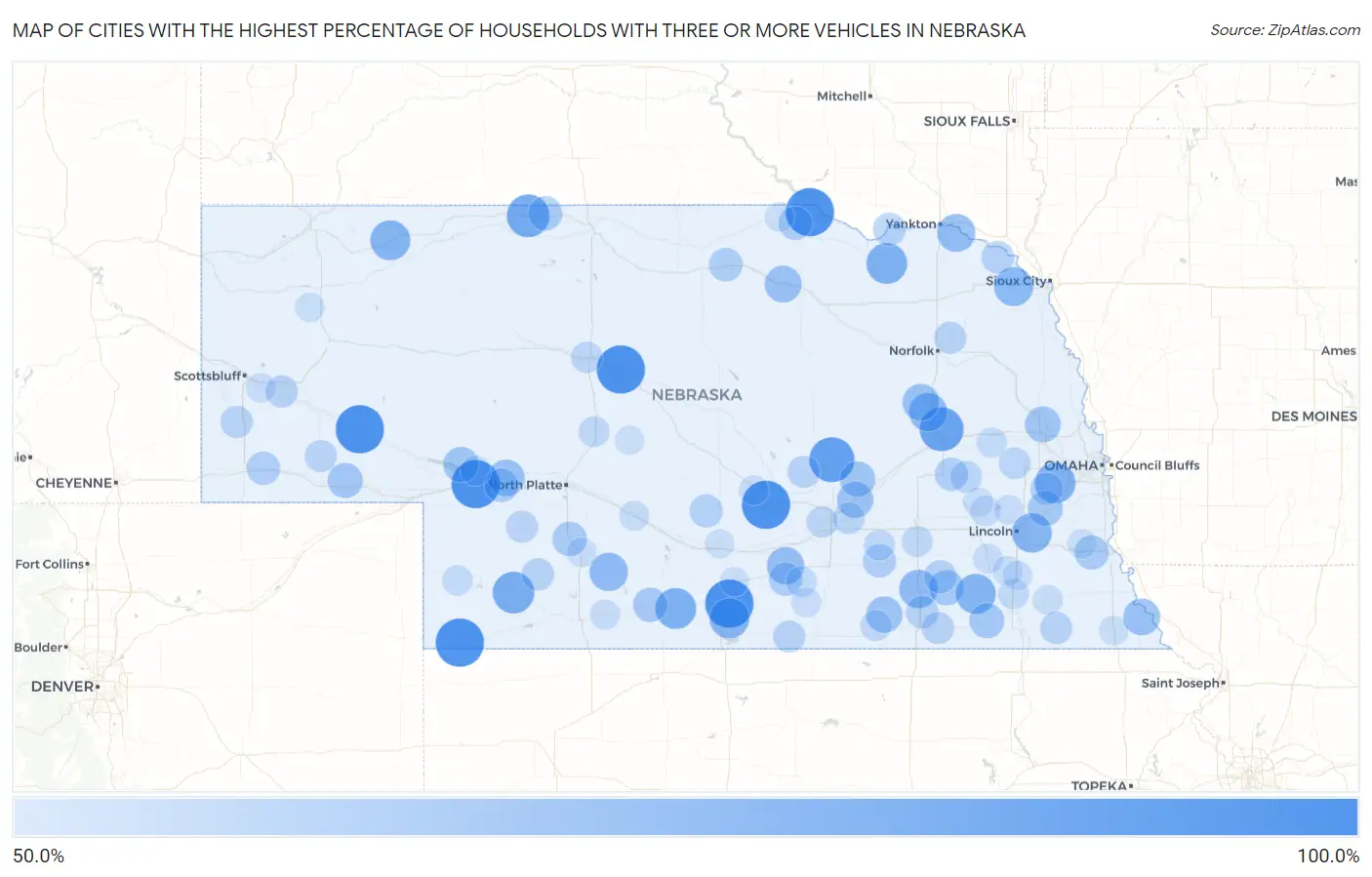 Cities with the Highest Percentage of Households With Three or more Vehicles in Nebraska Map