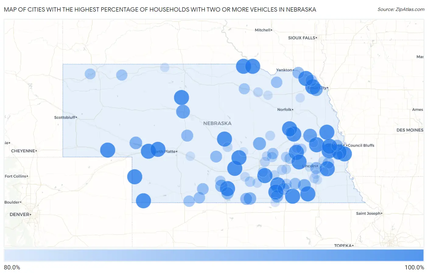 Cities with the Highest Percentage of Households With Two or more Vehicles in Nebraska Map