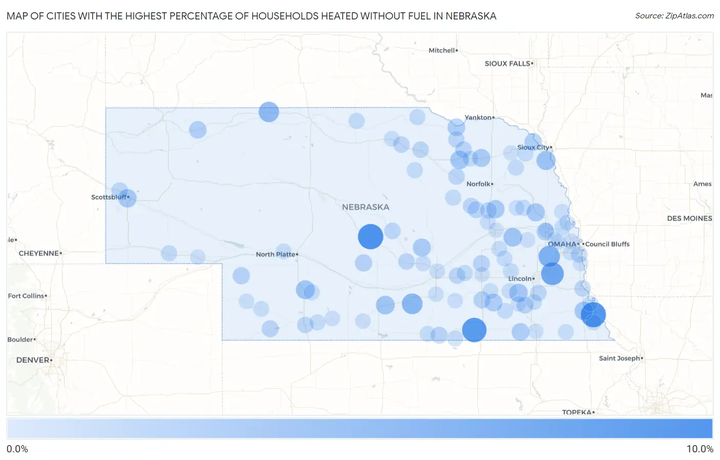 Cities with the Highest Percentage of Households Heated without Fuel in Nebraska Map