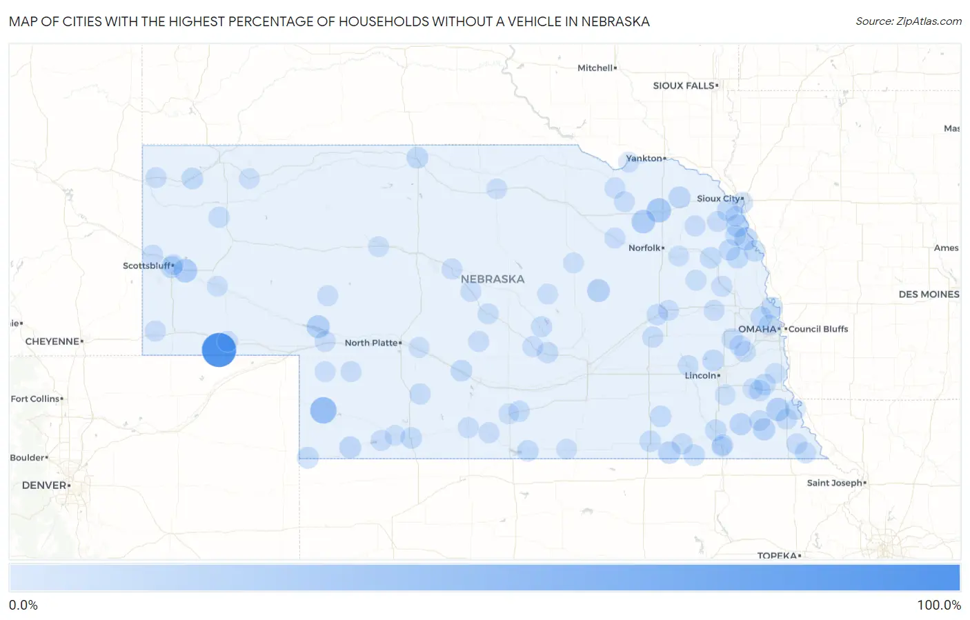 Cities with the Highest Percentage of Households Without a Vehicle in Nebraska Map