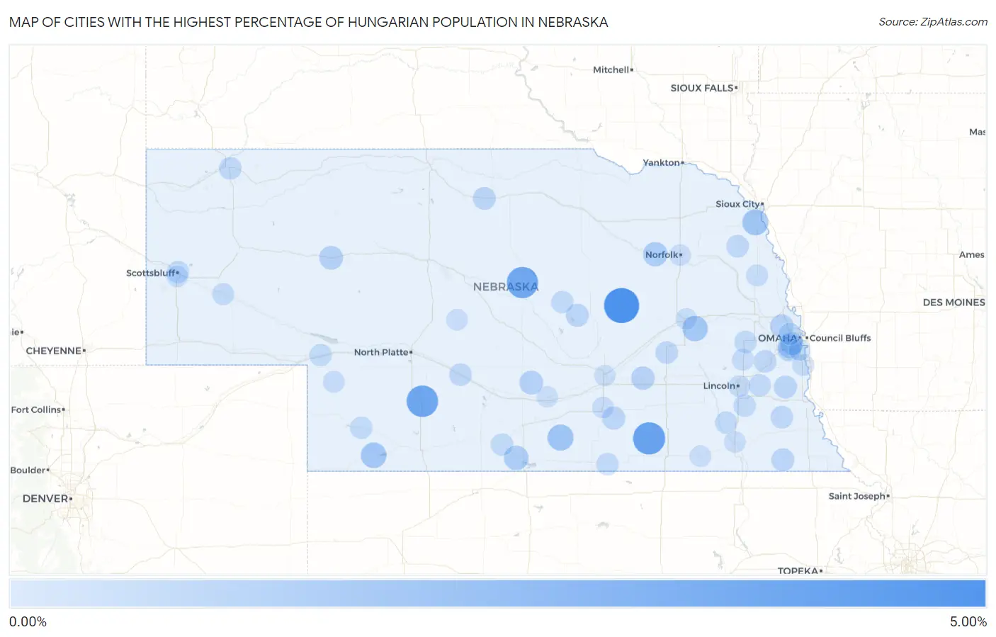 Cities with the Highest Percentage of Hungarian Population in Nebraska Map