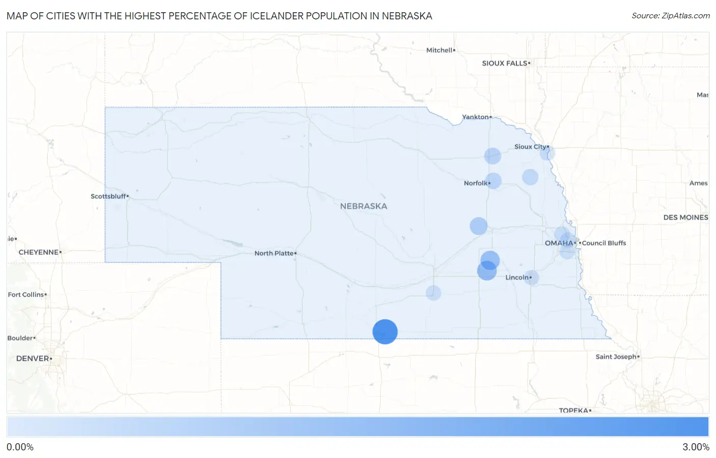 Cities with the Highest Percentage of Icelander Population in Nebraska Map