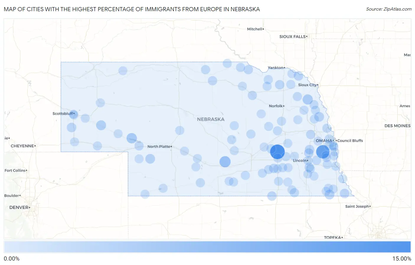 Cities with the Highest Percentage of Immigrants from Europe in Nebraska Map