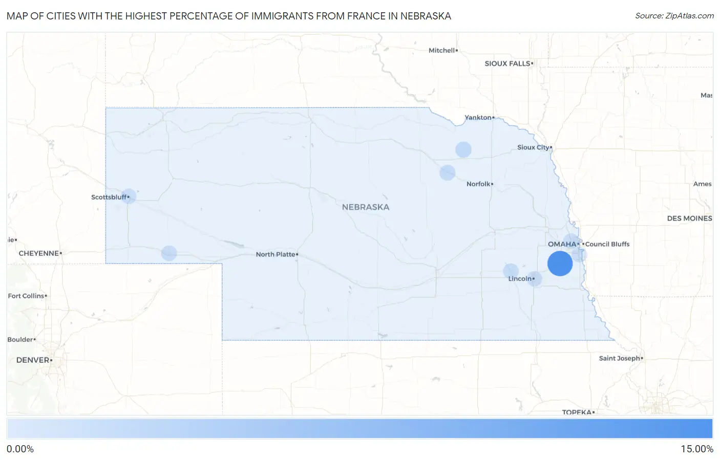 Cities with the Highest Percentage of Immigrants from France in Nebraska Map