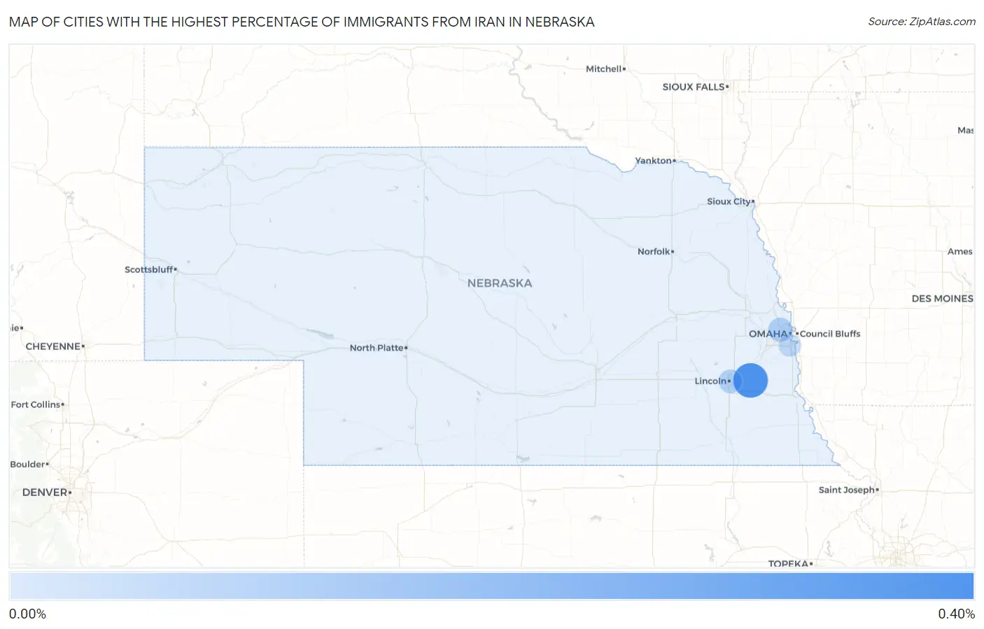 Cities with the Highest Percentage of Immigrants from Iran in Nebraska Map