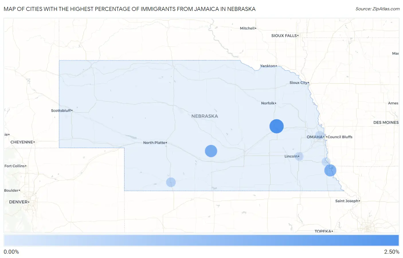 Cities with the Highest Percentage of Immigrants from Jamaica in Nebraska Map