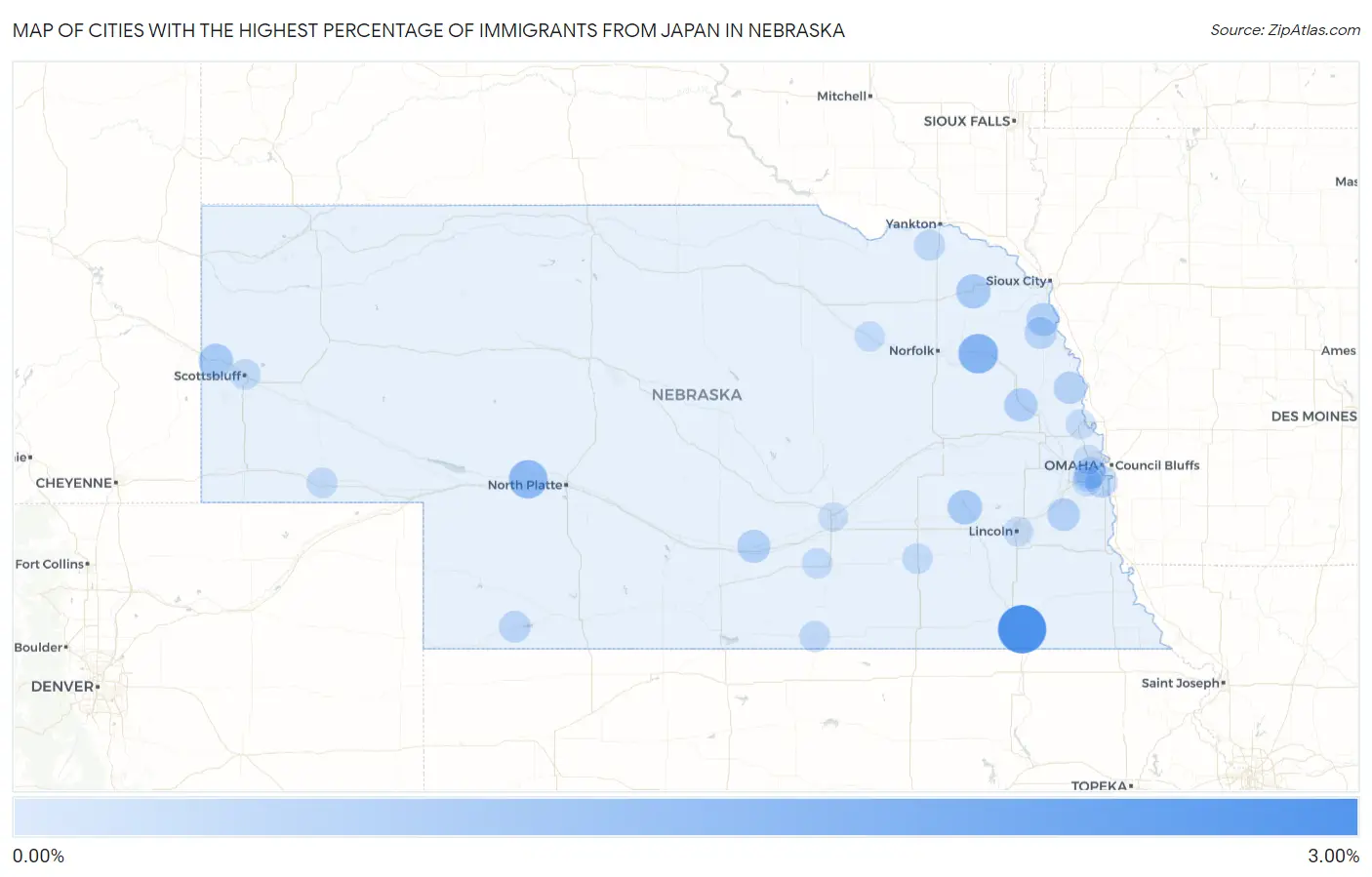 Cities with the Highest Percentage of Immigrants from Japan in Nebraska Map