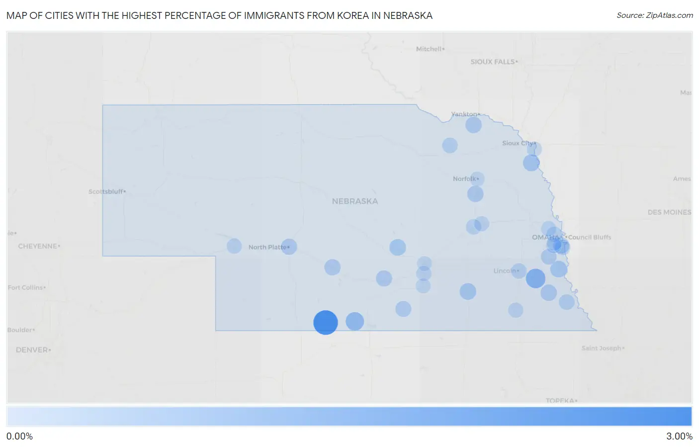 Cities with the Highest Percentage of Immigrants from Korea in Nebraska Map