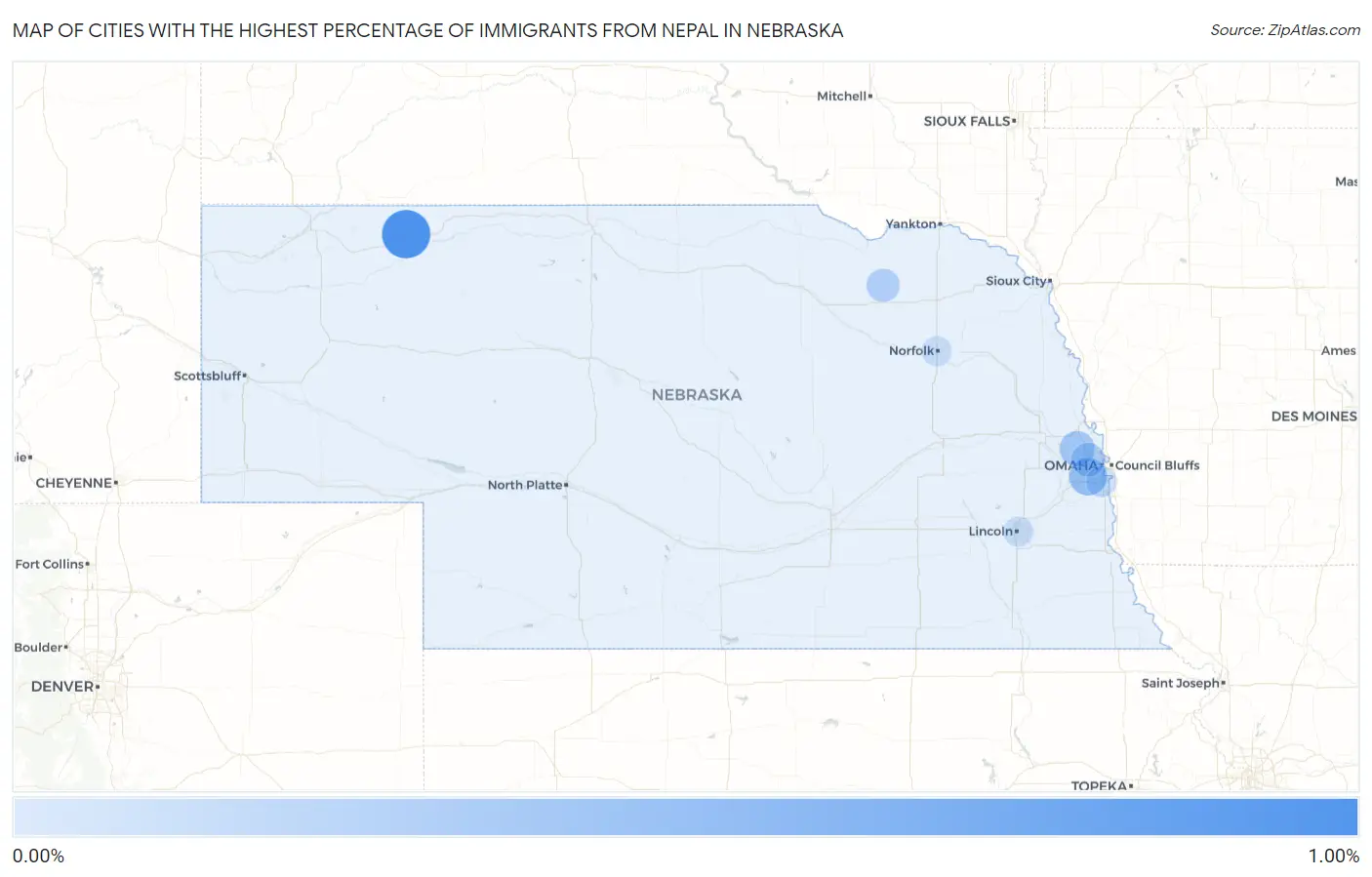 Cities with the Highest Percentage of Immigrants from Nepal in Nebraska Map