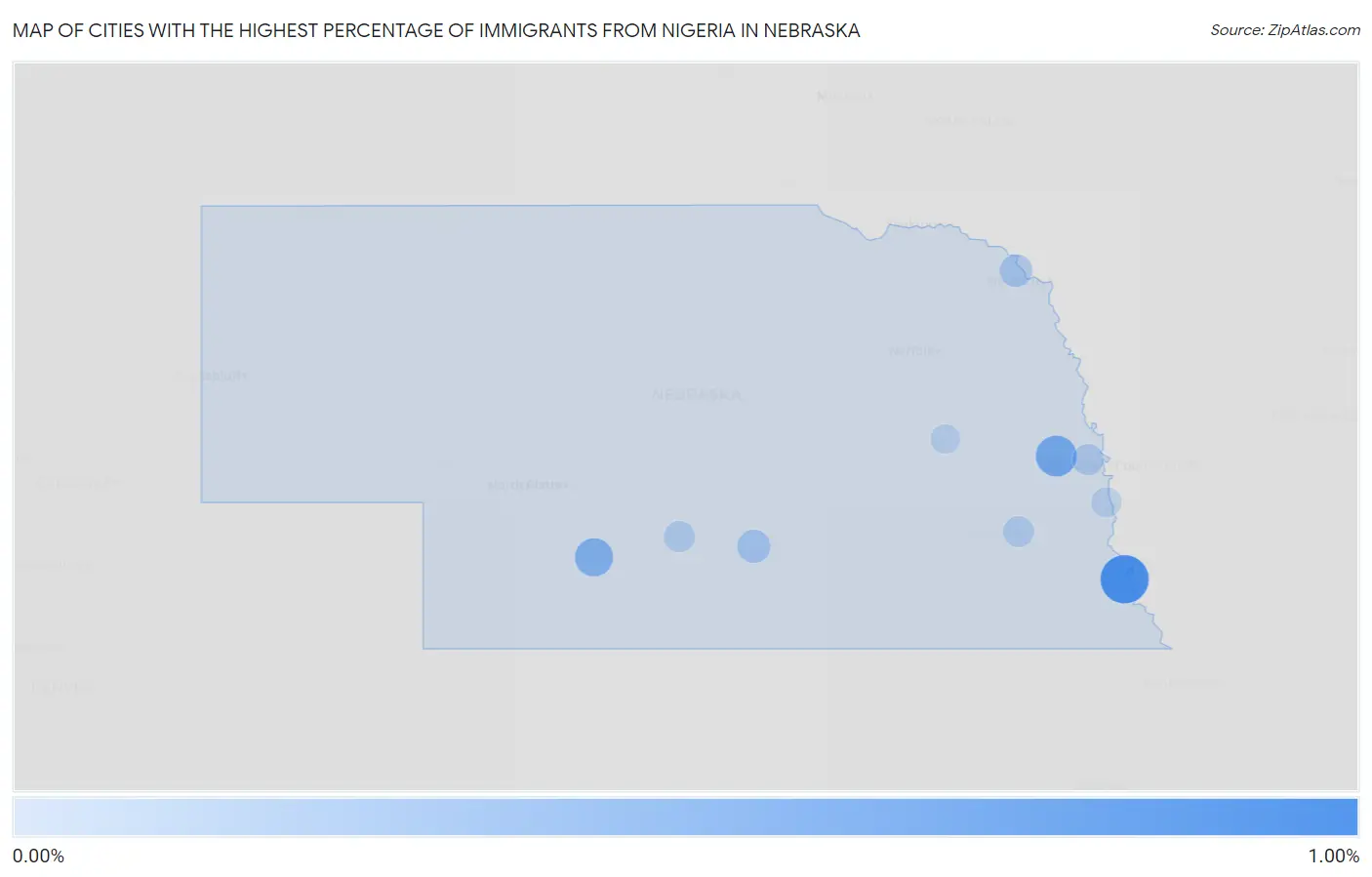 Cities with the Highest Percentage of Immigrants from Nigeria in Nebraska Map