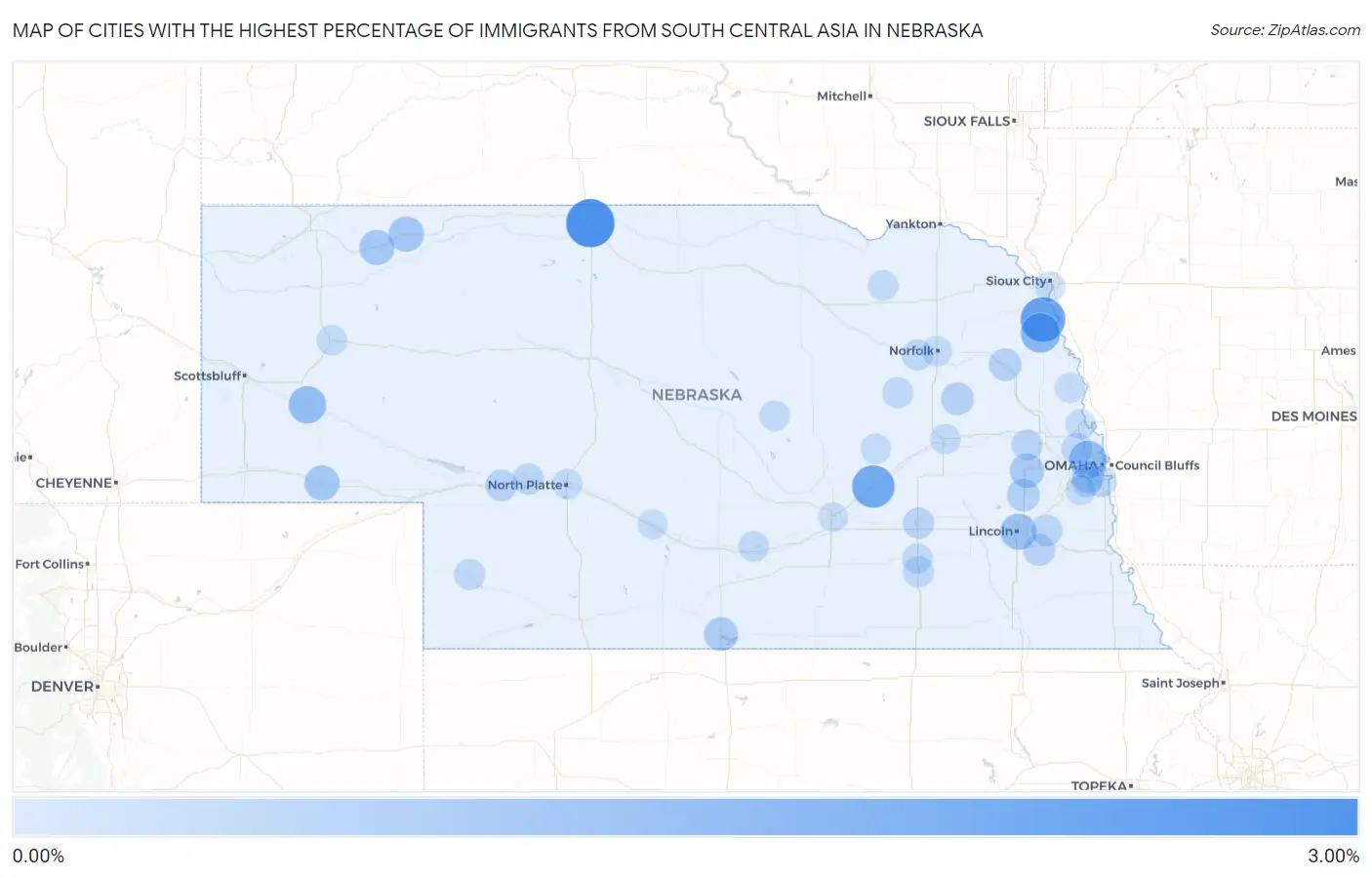 Cities with the Highest Percentage of Immigrants from South Central Asia in Nebraska Map