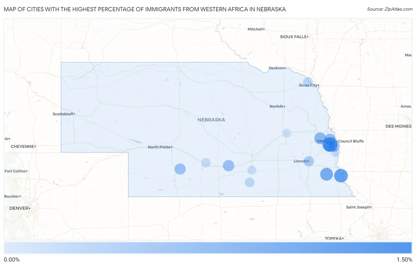 Cities with the Highest Percentage of Immigrants from Western Africa in Nebraska Map