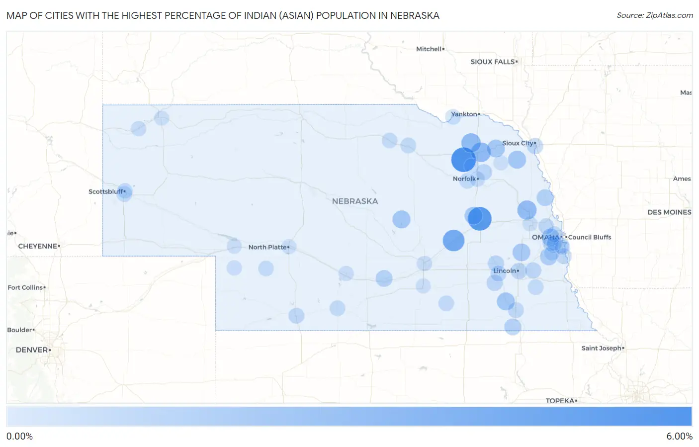 Cities with the Highest Percentage of Indian (Asian) Population in Nebraska Map