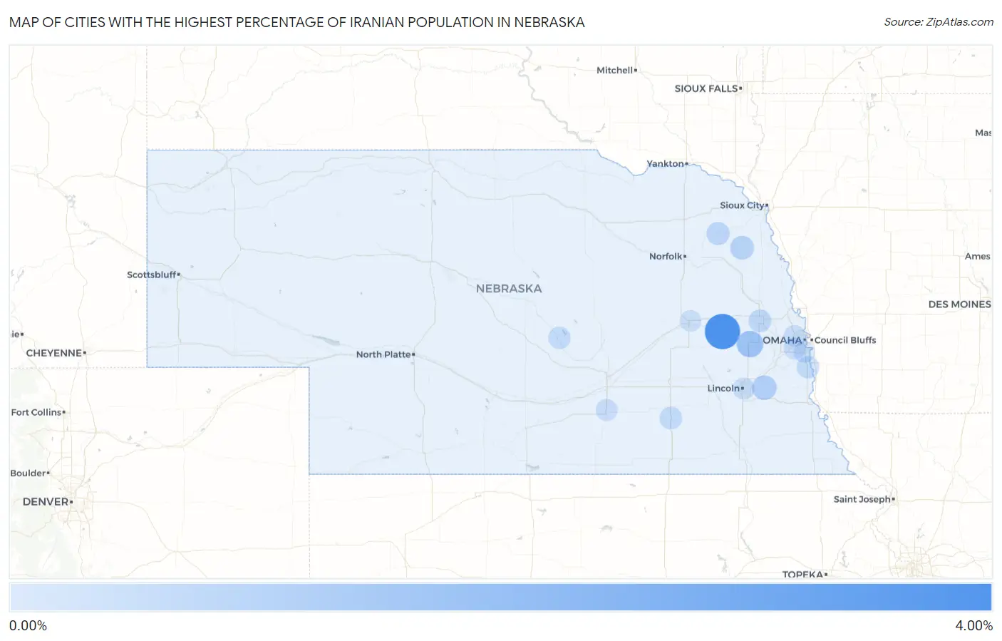 Cities with the Highest Percentage of Iranian Population in Nebraska Map