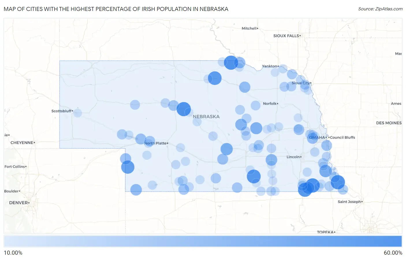 Cities with the Highest Percentage of Irish Population in Nebraska Map
