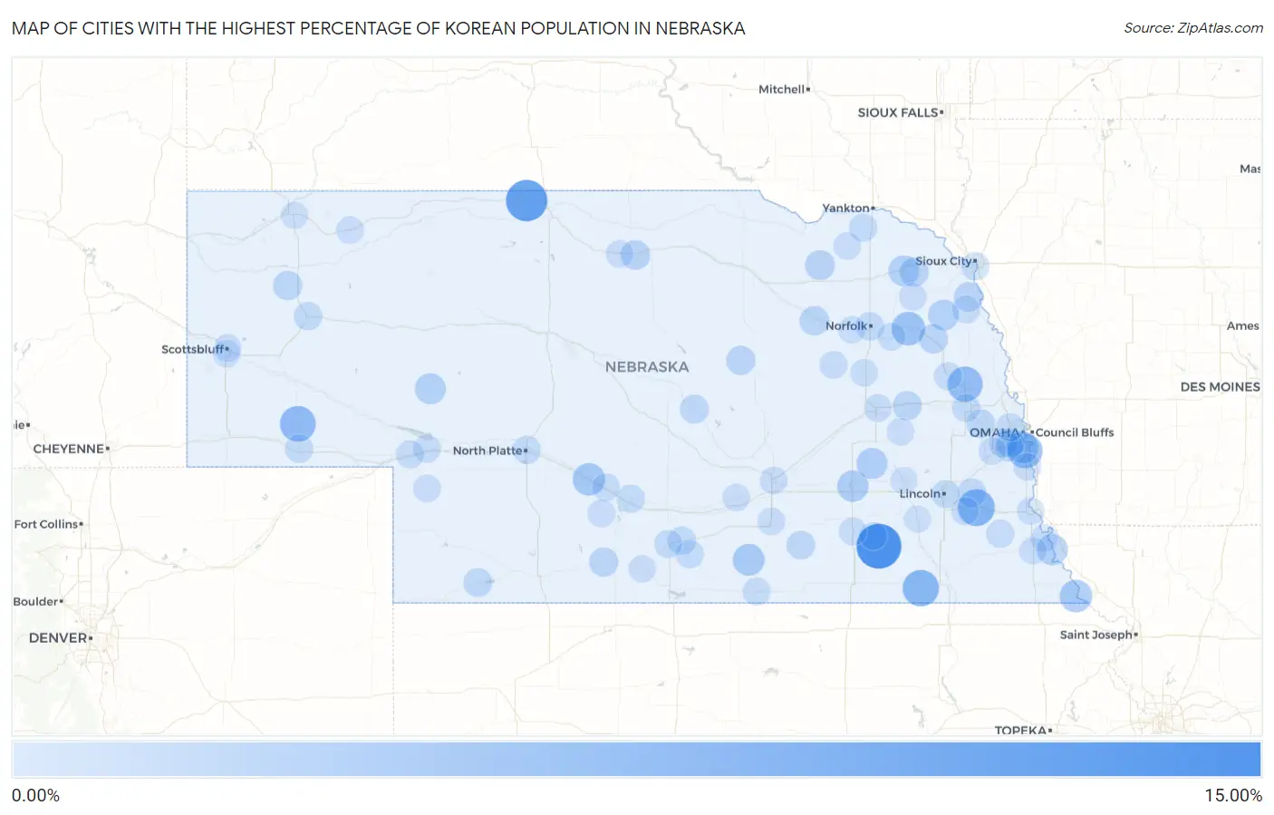 Cities with the Highest Percentage of Korean Population in Nebraska Map